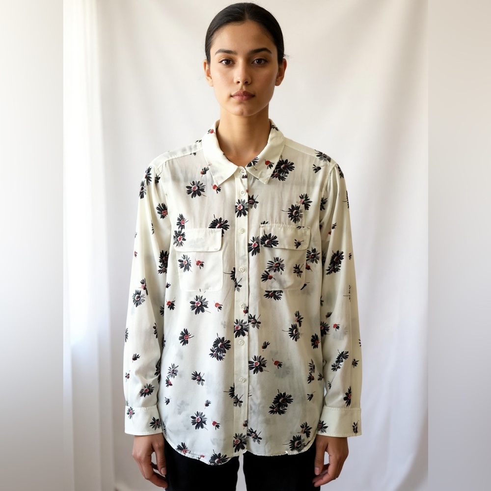 Equipment Cream Floral Button-Down Shirt with Black and Red Accents